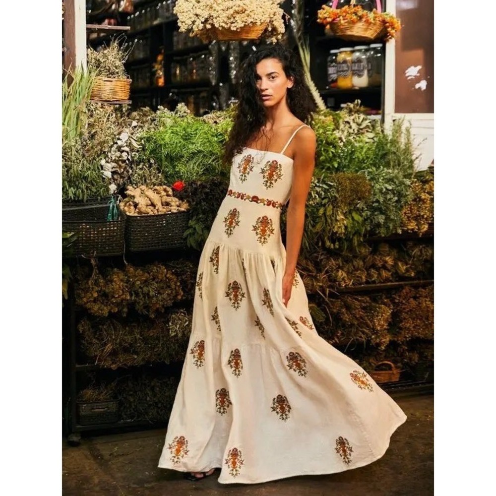 Agua by Agua Bendita Curandera Lima Remedios Linen Maxi Dress M Embroidered - Picture 2 of 11